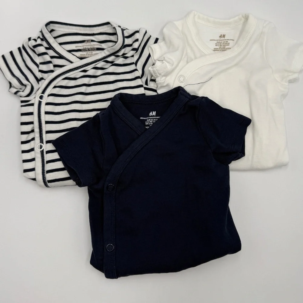 H&M 3 pack Wrapover Organic Bodysuits Baby White Dark Blue Stripes